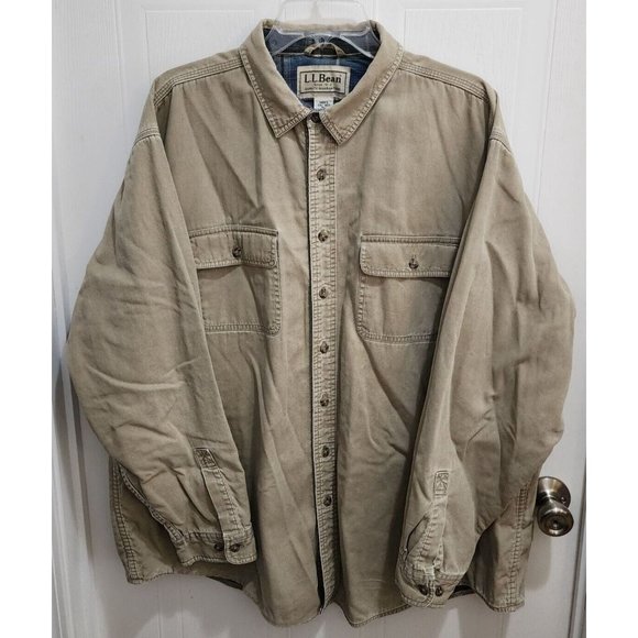 LL Bean Biege Chore Shirt Jacket Blue Plaid Flannel Lined Barn Shacket Size 2XL